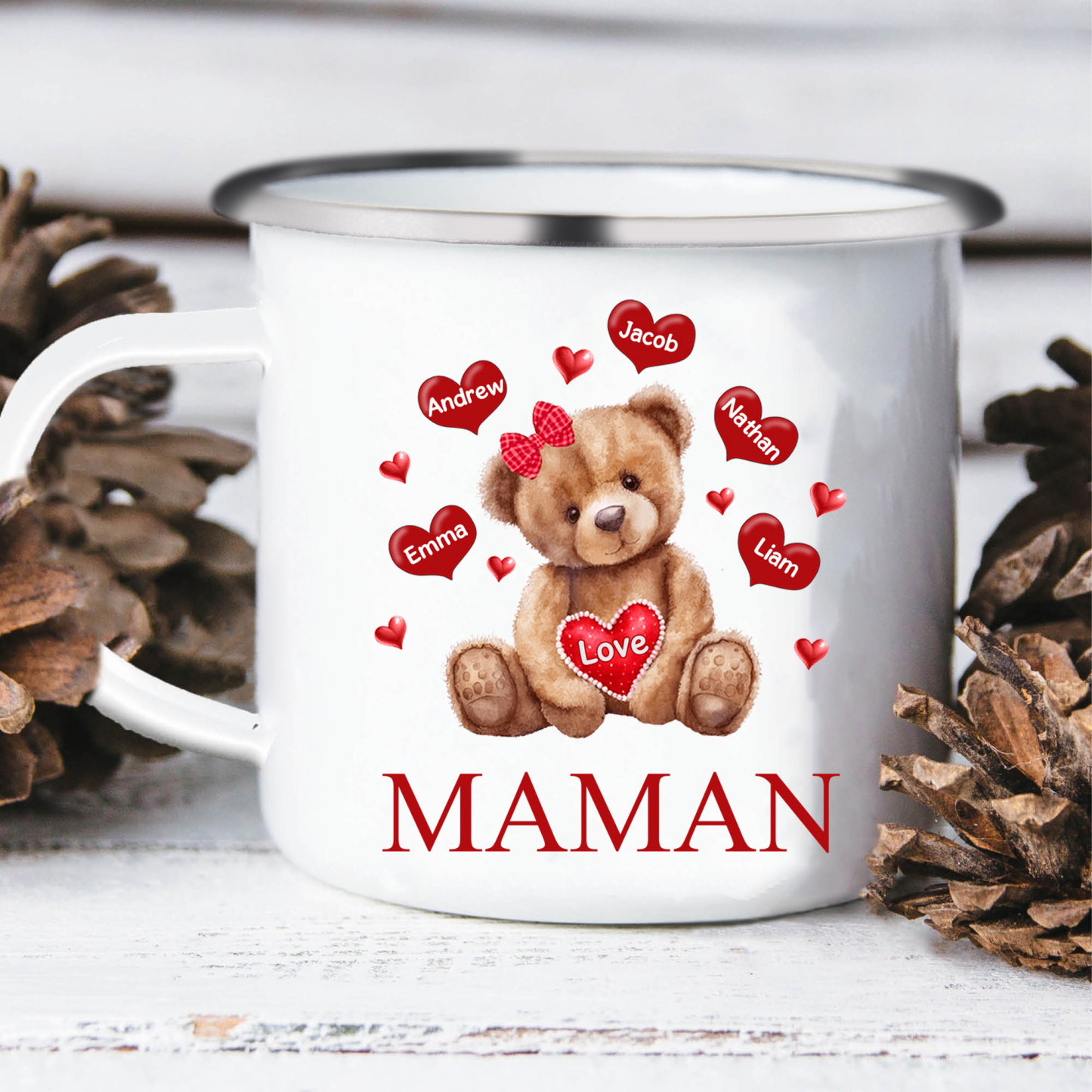 À Maman/Mamie - Tasse émaillée Ours 5 Prénoms Personnalisés