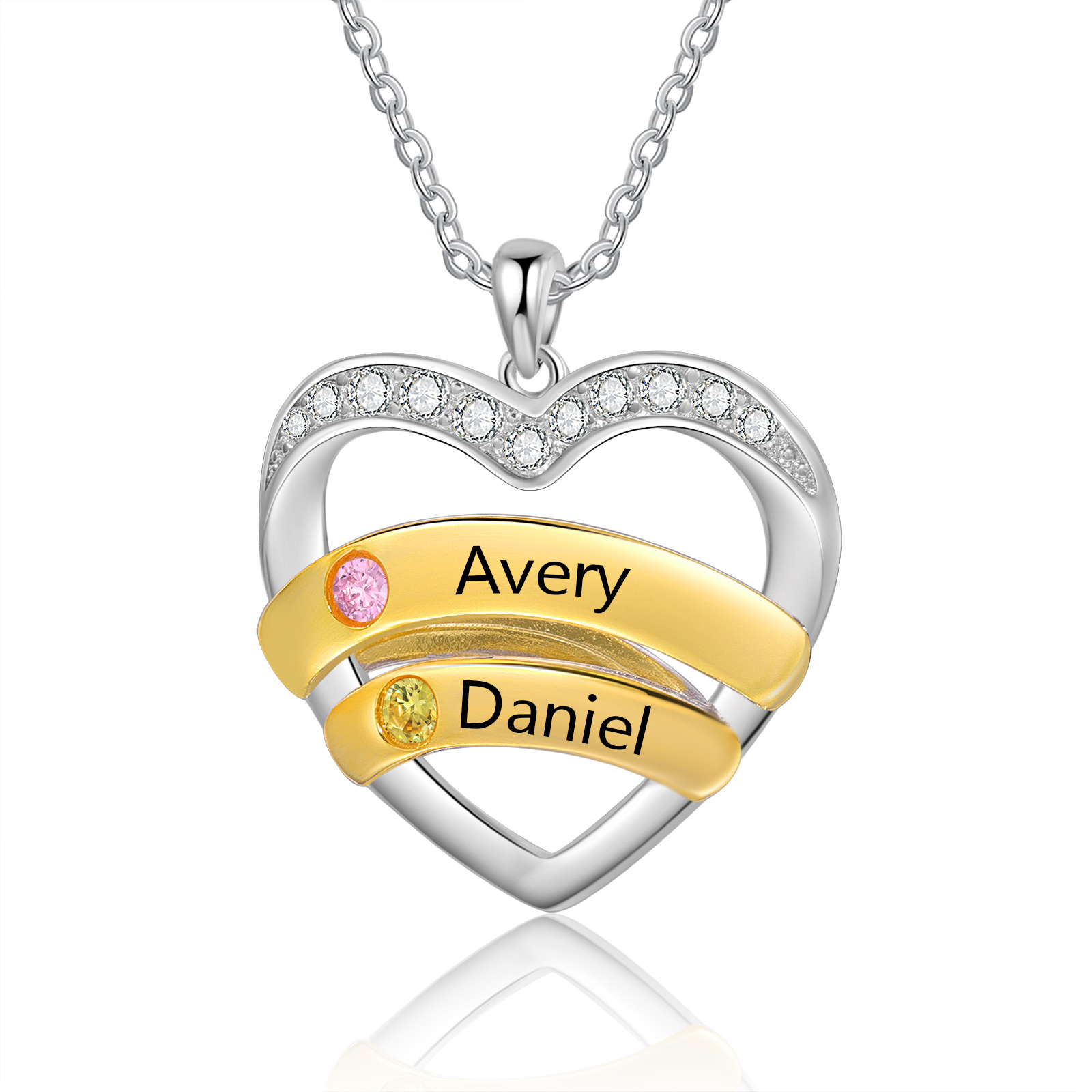 Collier Pendentif Cœur 2 Prénoms Personnalisés avec Pierre de Naissance Collier Femmes