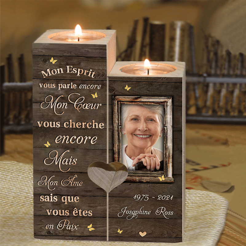 Bougeoir en Bois Commémoratif 1 Prénom et Photo Personnalisé avec Date sans bougie