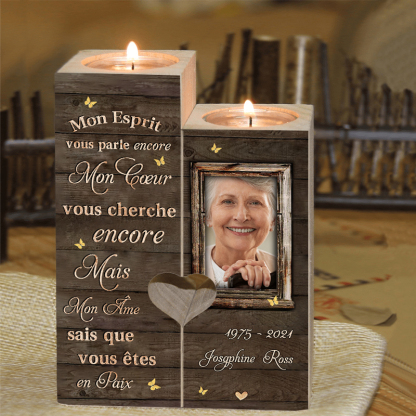 Bougeoir en Bois Commémoratif 1 Prénom et Photo Personnalisé avec Date sans bougie