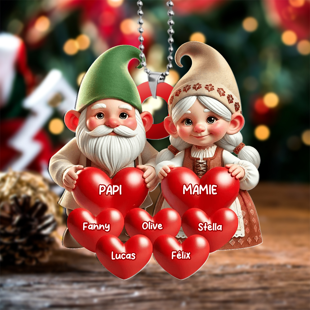 Décoration Sapin de Noël Gnomes Famille, Cœurs et Nom personnalisés