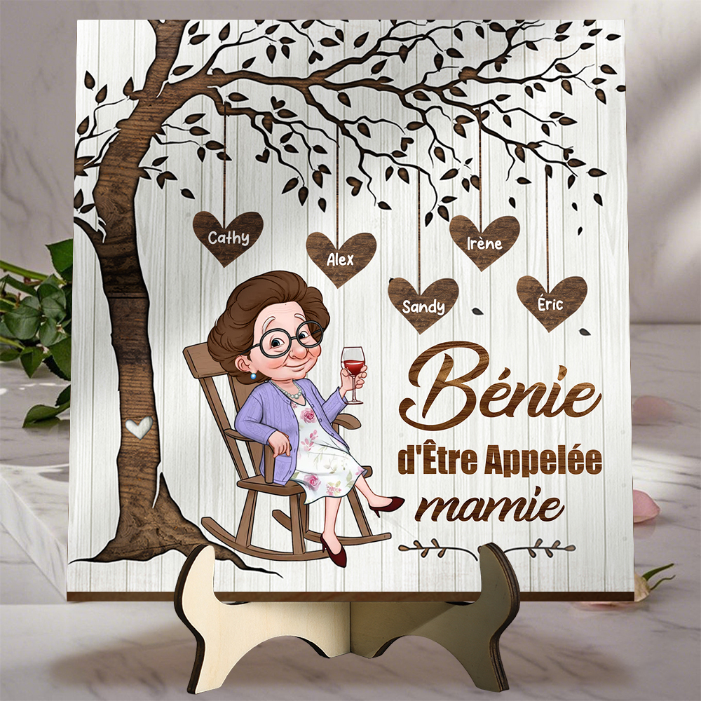 Plaque en Bois Arbre de Vie Personnalisée avec Prénoms et Coeurs, « Bénie d’être appelée mamie »