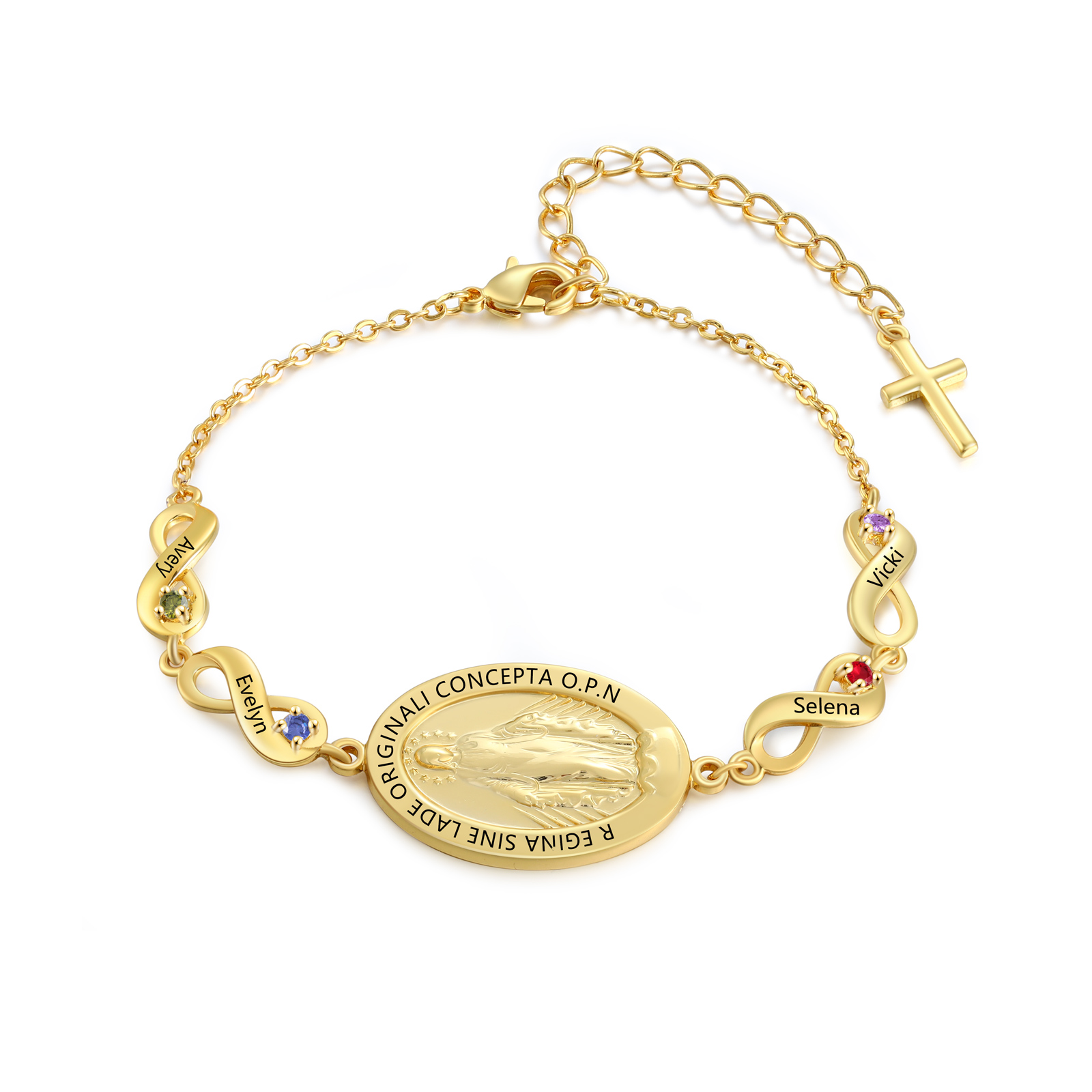 Bracelet Infini en Or personnalisable avec médaille de la Vierge Marie & Pierre de naissance