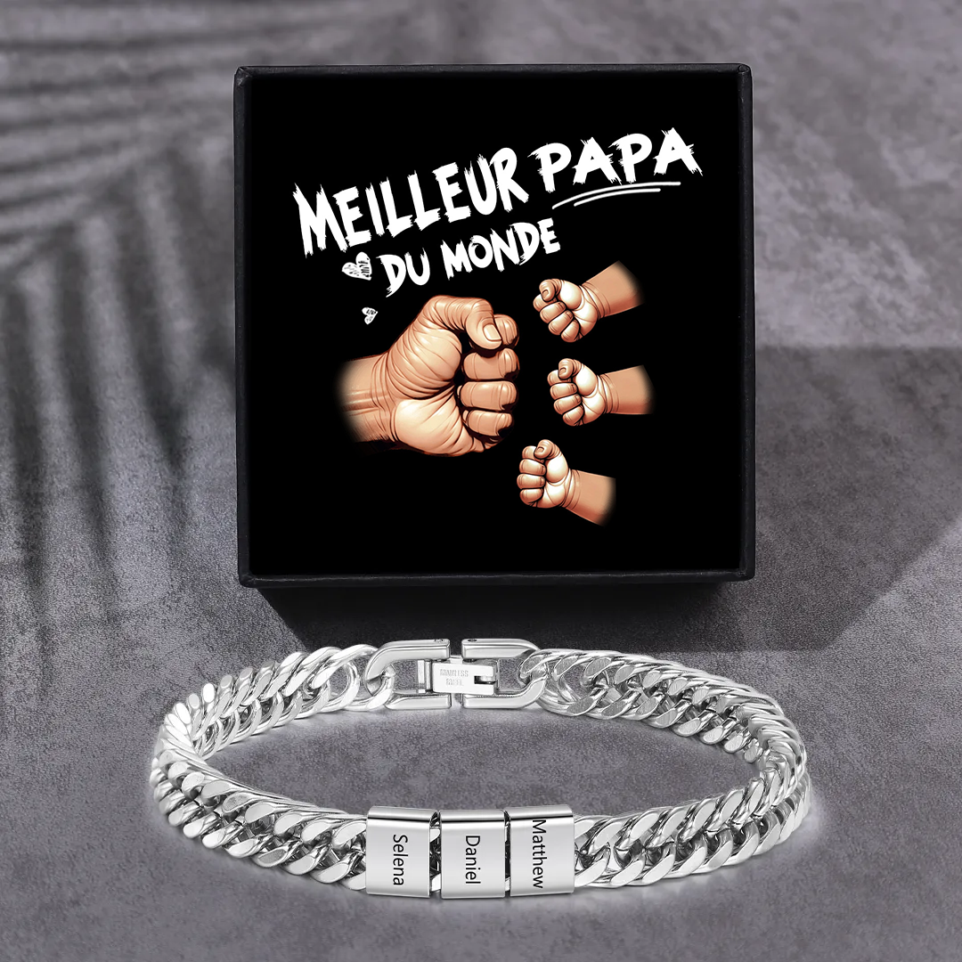 Bracelet Cubain Personnalisé pour Papa, couleurs argent/or/noir