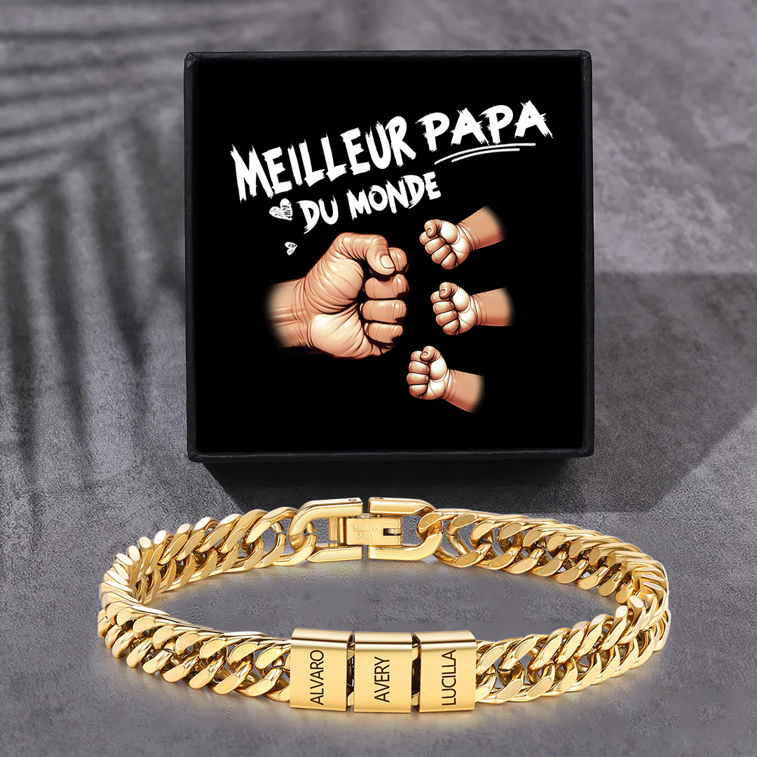 Bracelet Cubain Personnalisé pour Papa, couleurs argent/or/noir