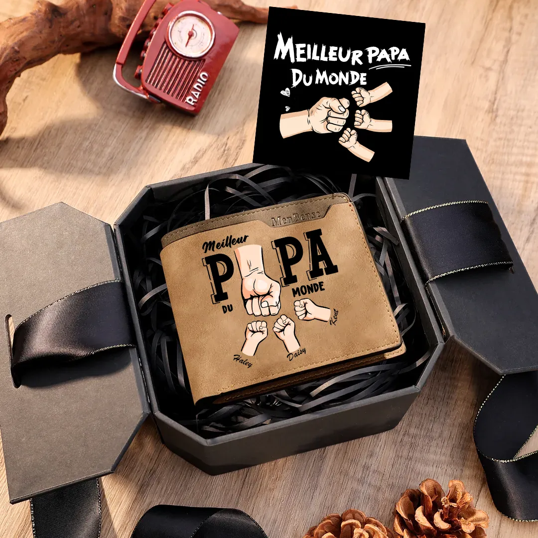 Portefeuille  « Meilleur Papa du Monde » Personnalisé avec 1-6 Prénoms Portefeuille Poing en cuir PU Cadeau Fête des Pères | Jessemade