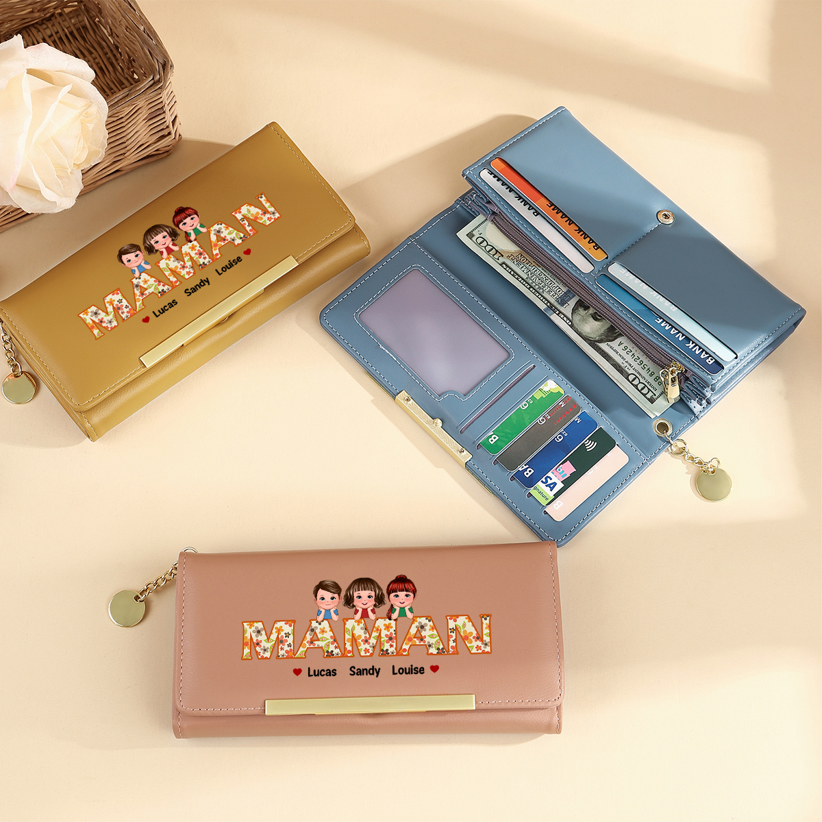 [Copy]À Maman/Mamie -Portefeuille Personnalisé avec 1-10 Prénoms et Enfants Porte-Monnaie Long en Cuir en Rose/Bleu/Jaune | Jessemade