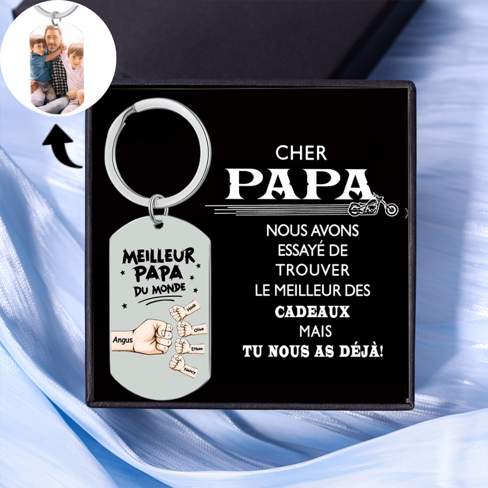 À mon Papa - Porte-Clés Personnalisé avec 2-5 Prénoms et Poings avec 1 Photo Cadeau pour “Meilleur Papa du Monde” | Jessemade