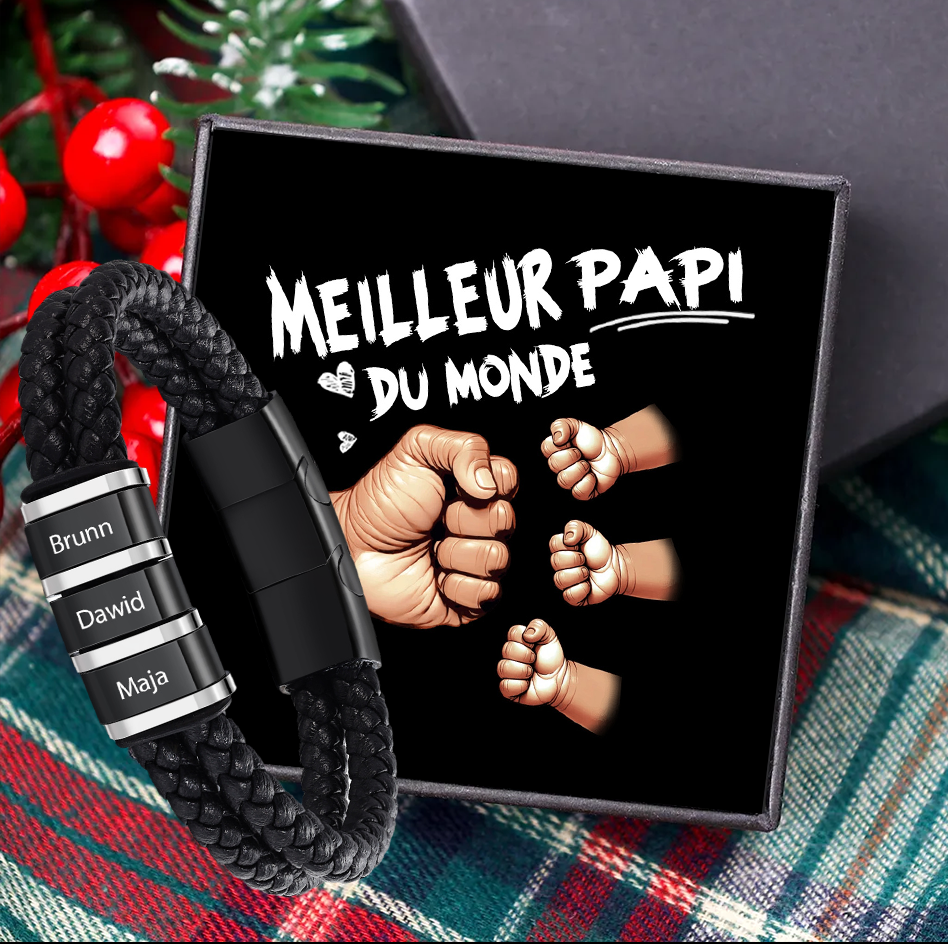 Bracelet Personnalisé Homme – Cuir Tressé Noir pour Papi/Papy