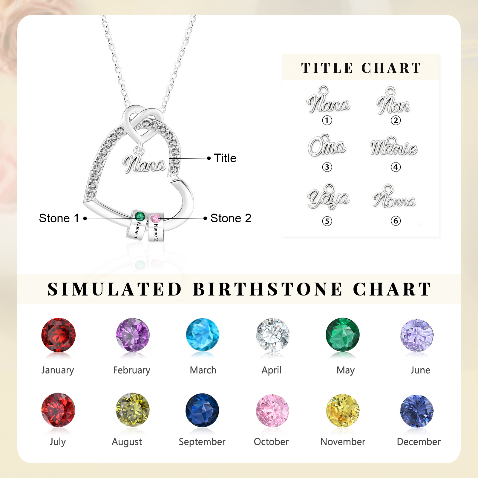 Collier Coeur Personnalisé Mamie avec Pierres de Naissance – Cadeau Unique à Offrir