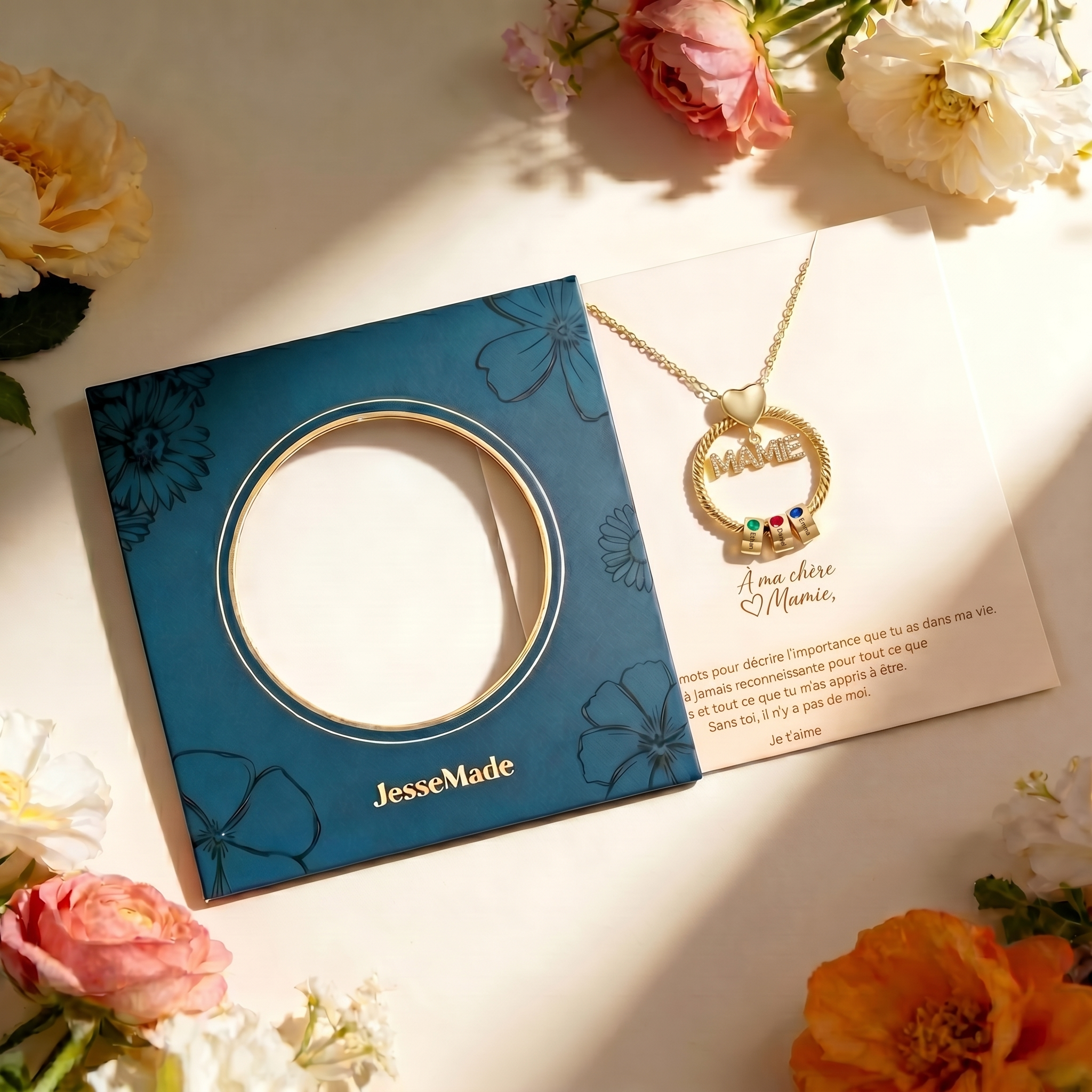 Collier Personnalisé avec pendentif Mamie, 1-5 Prénoms et Pierre de naissance