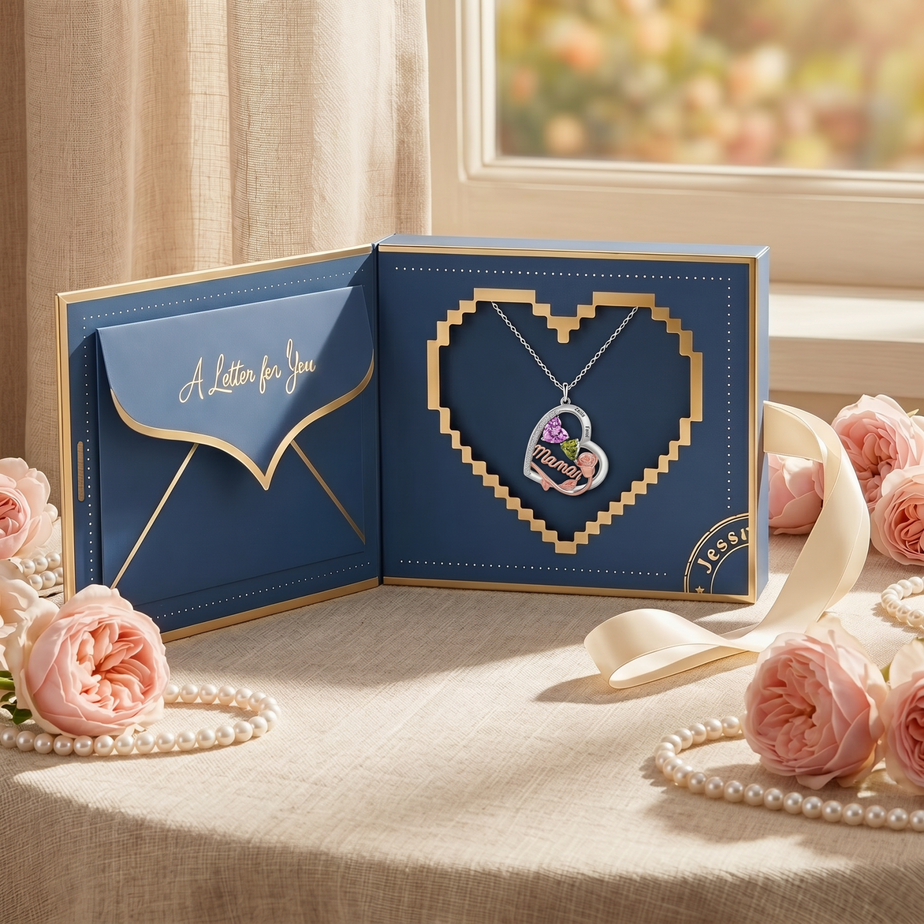 Collier Maman Personnalisé avec Bicolore Cœur et Rose, 1-4 Prénoms et Pierres de naissance