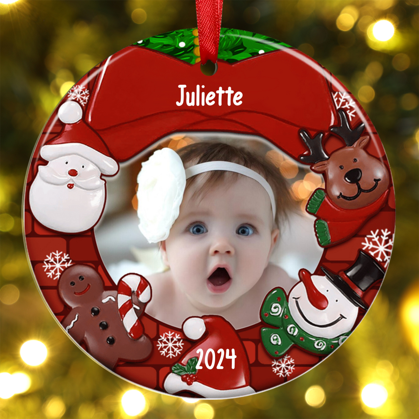 Ornements de Noël Bébé en Bois Photo et Prénom Personnalisés avec Année