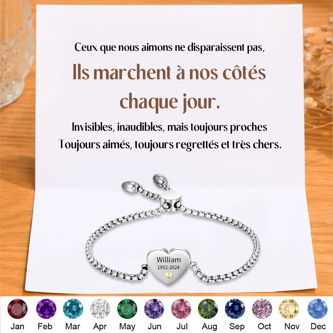 Bracelet Cœur 1 Prénom Personnalisé avec Pierres de Naissance pour Fem