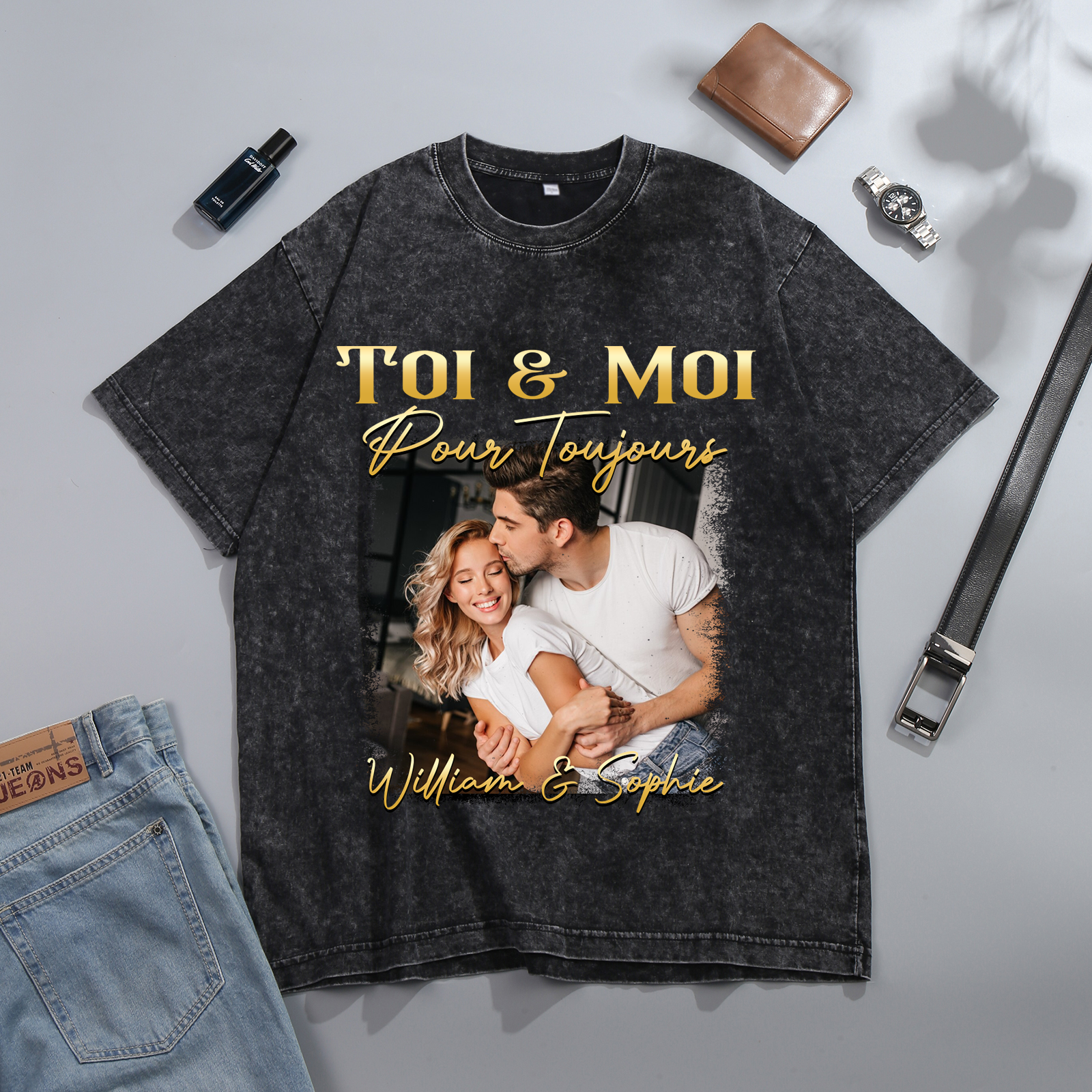 T-Shirt Personnalisé avec Photo et Prénoms T-Shirt en noir pour Couple | Jessemade