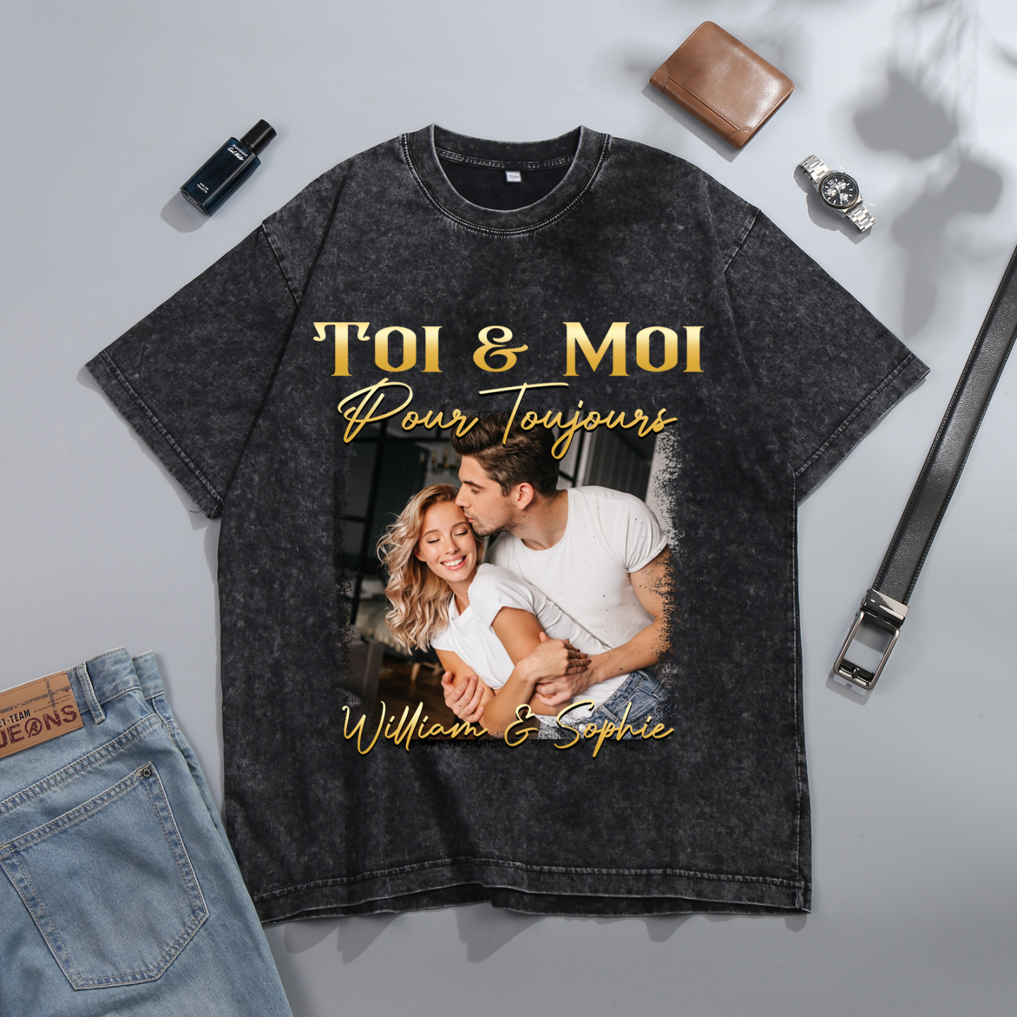 T-Shirt Personnalisé avec Photo et Prénoms T-Shirt en noir pour Couple | Jessemade
