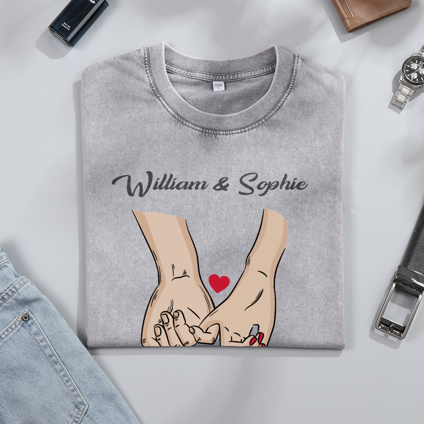 T-Shirt Personnalisé avec Année et 2 Prénoms T-Shirt en gris pour Couple | Jessemade