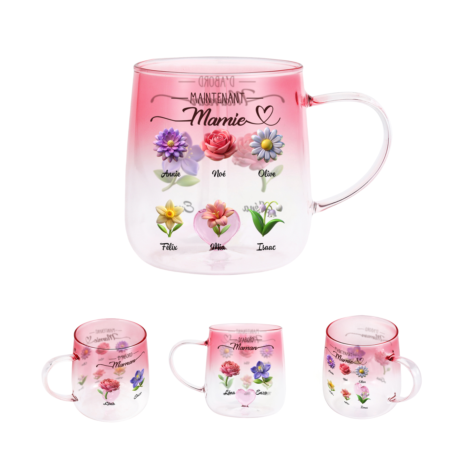 Mug en Verre Rose Dégradé, Fleurs et Noms Personnalisés