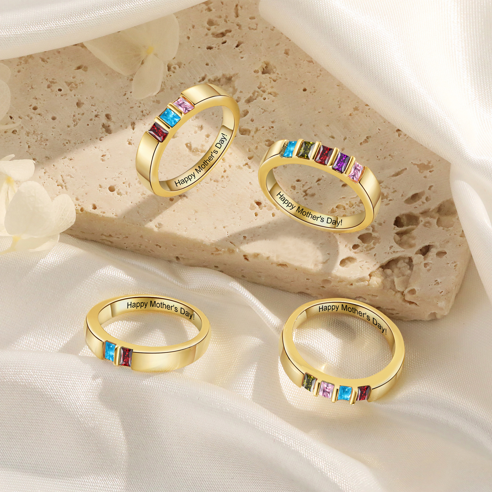 Bague Personnalisée avec Pierres de Naissance – Gravure Intérieure Texte, Bague Élégante en couleur Or pour Femme et Famille