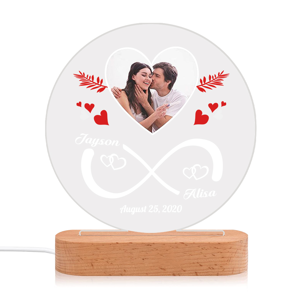 Lampe de chevet Couple LED Lumières 2 Prénoms et 1 Photo Personnalisés avec Date