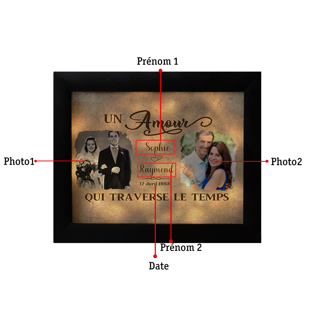Cadre Photo LED Couple 2 Prénoms et 2 Photos Personnalisés avec Date Cadeau Saint-Valentin | Jessemade