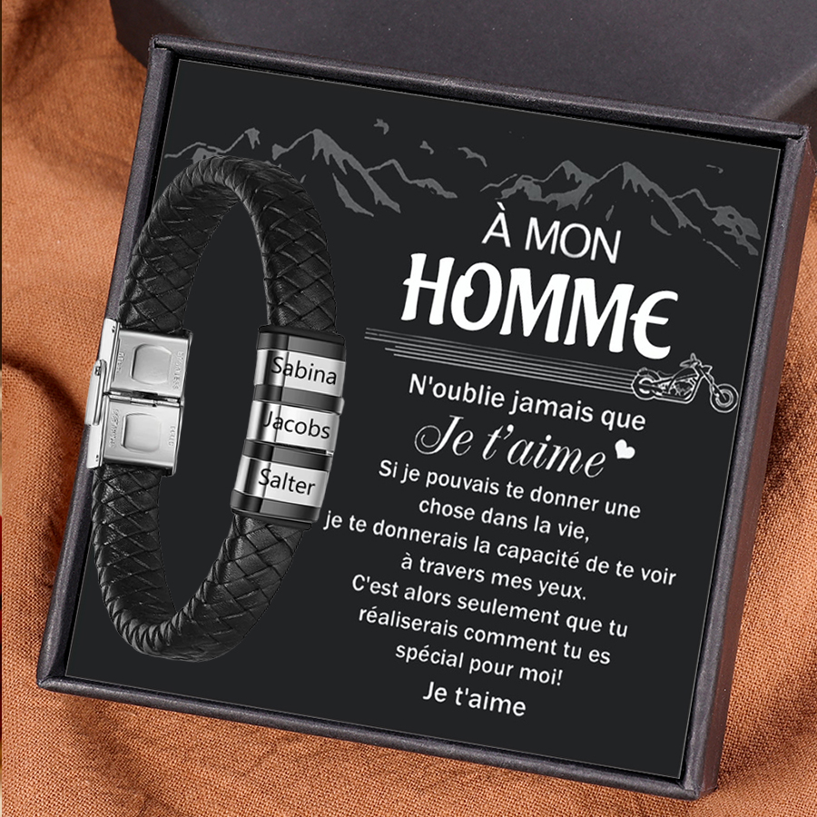 À mon Homme - Bracelet Cuir tressé 3 Prénoms Personnalisés Bracelet Homme