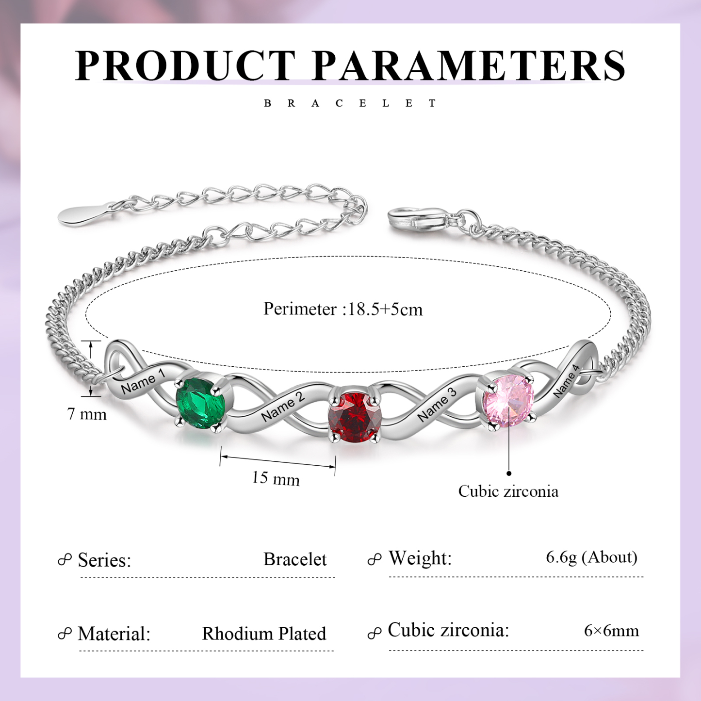 Bracelet Infini 4 Prénoms Personnalisés avec 3 Pierres de Naissance pour Femme