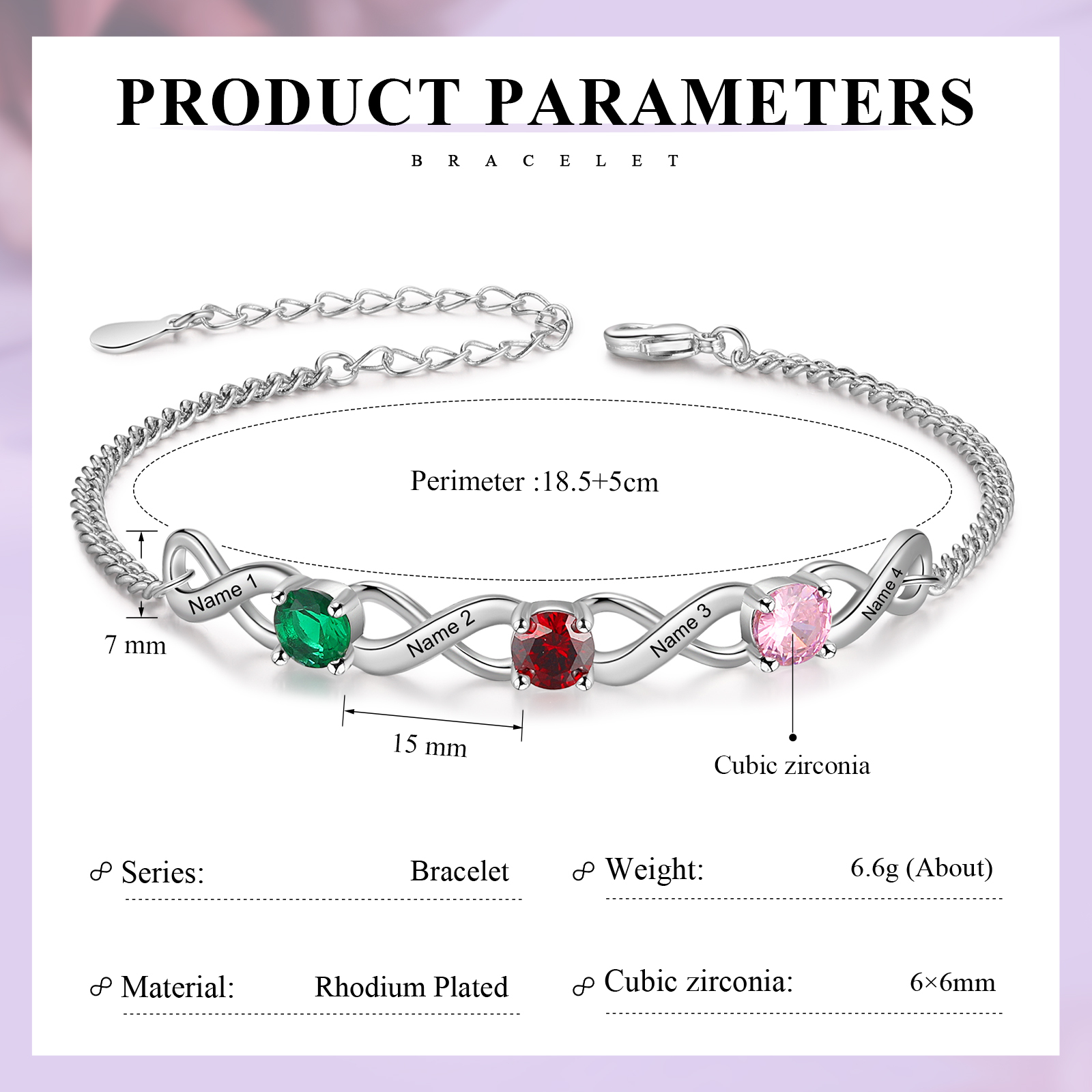 Bracelet Infini 4 Prénoms Personnalisés avec 3 Pierres de Naissance pour Femme