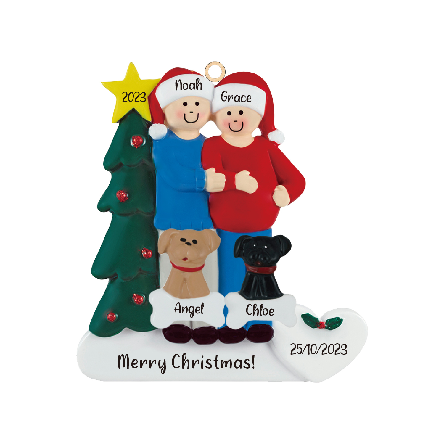 Ornements de Noël avec 2 Poupées et 2 Chiens 4 Prénoms et 2 Dates Personnalisés avec Texte