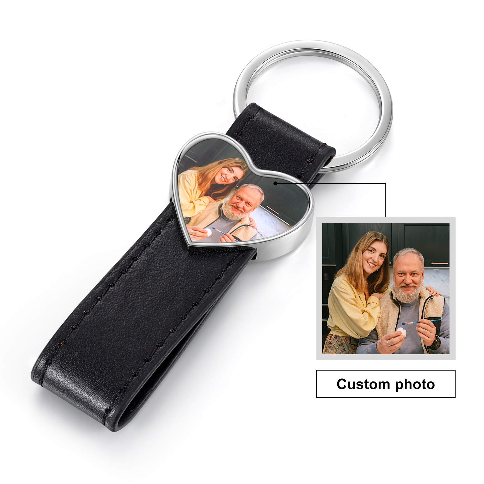 Porte-Clés Cuir PU Cœur Photo Personnalisée Porte-Clés Homme