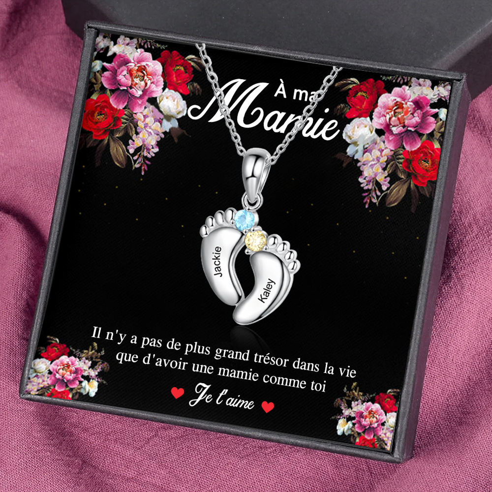 À ma Mamie - Collier 2 Prénoms Personnalisés Pieds de Bébé avec 2 Pierres de Naissance | Jessemade