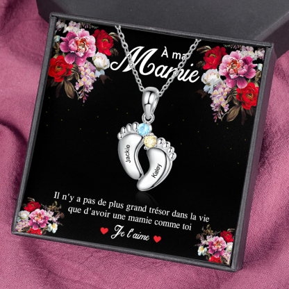 À ma Mamie - Collier 2 Prénoms Personnalisés Pieds de Bébé avec 2 Pierres de Naissance | Jessemade