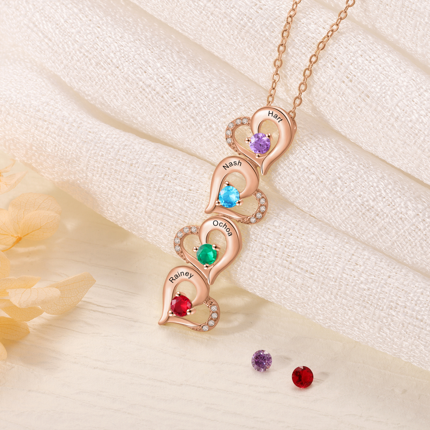 Collier Pendentif Cœur 4 Prénoms Personnalisés avec Pierre de naissance pour Femmes