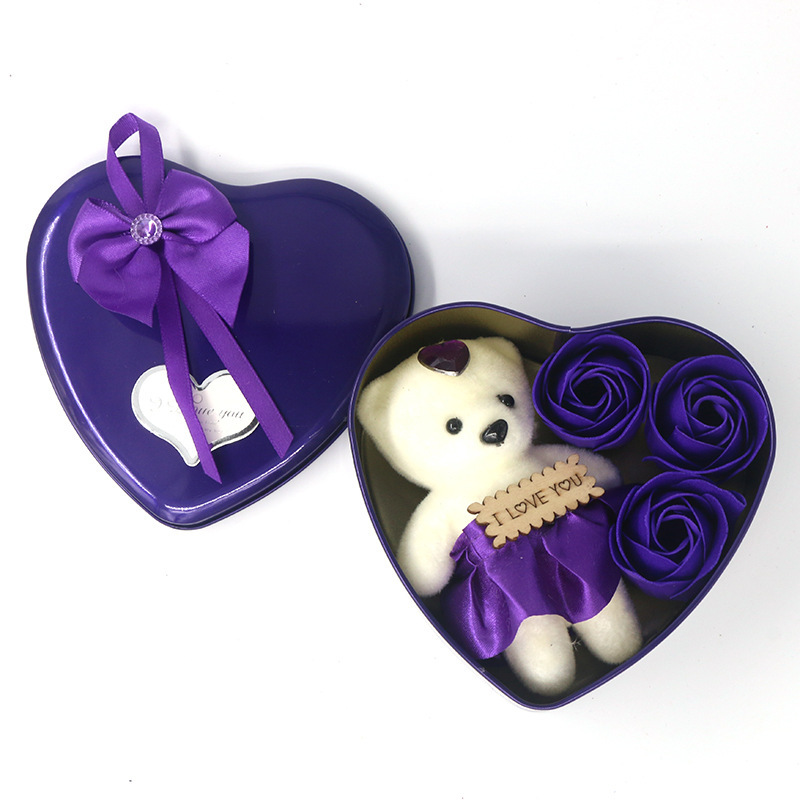 Boîte Cœur mini Ours Fleurs de savon Roses Cadeau Décoration | Jessemade
