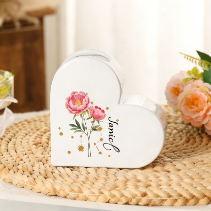 Vase Cœur en céramique Personnalisé avec Fleurs de naissance et signes du zodiaque