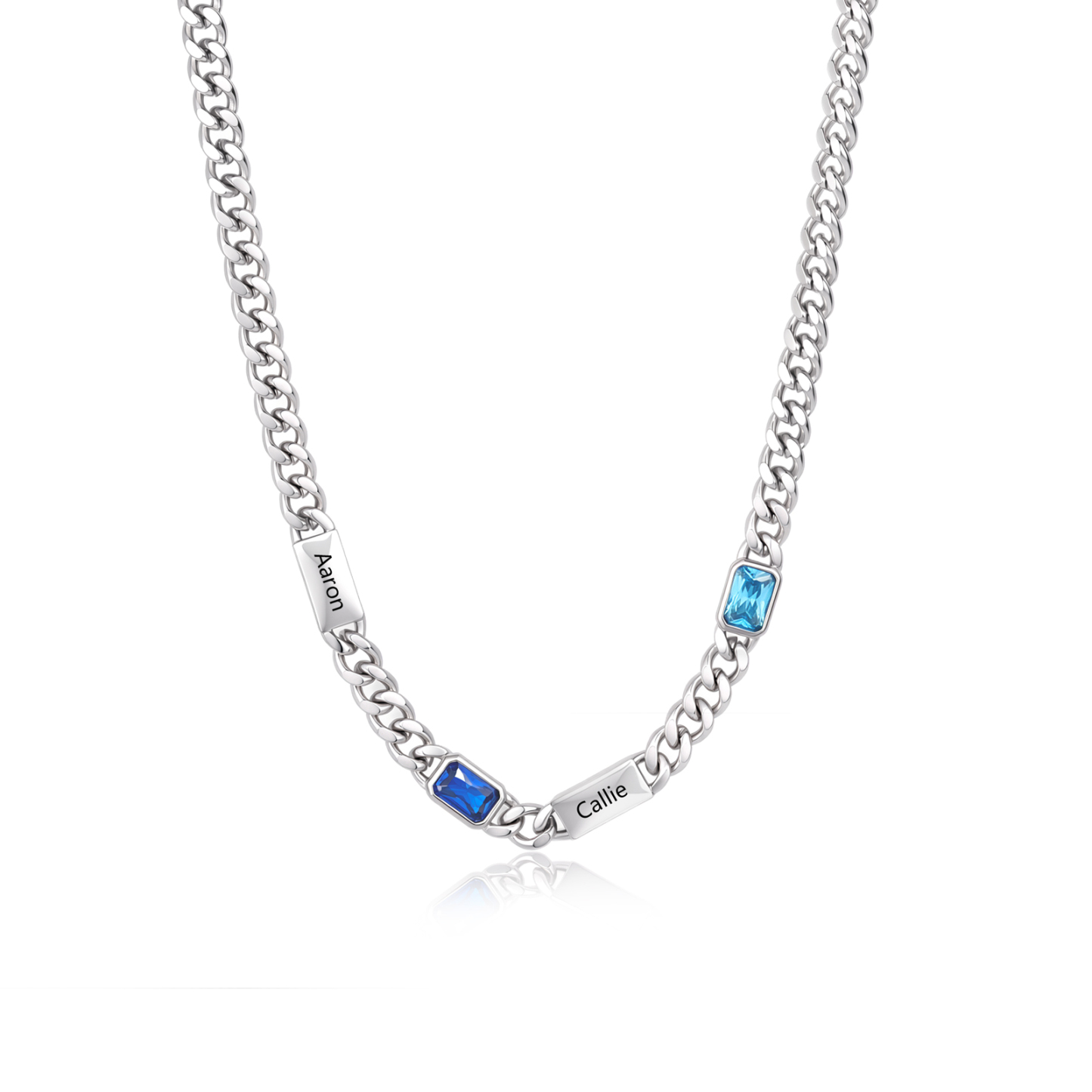 Collier Chaîne Cubaine Personnalisé avec 1 à 6 Prénoms et Pierres de Naissance Rectangulaires pour Homme