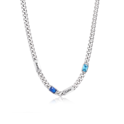 Collier Chaîne Cubaine Personnalisé avec 1 à 6 Prénoms et Pierres de Naissance Rectangulaires pour Homme
