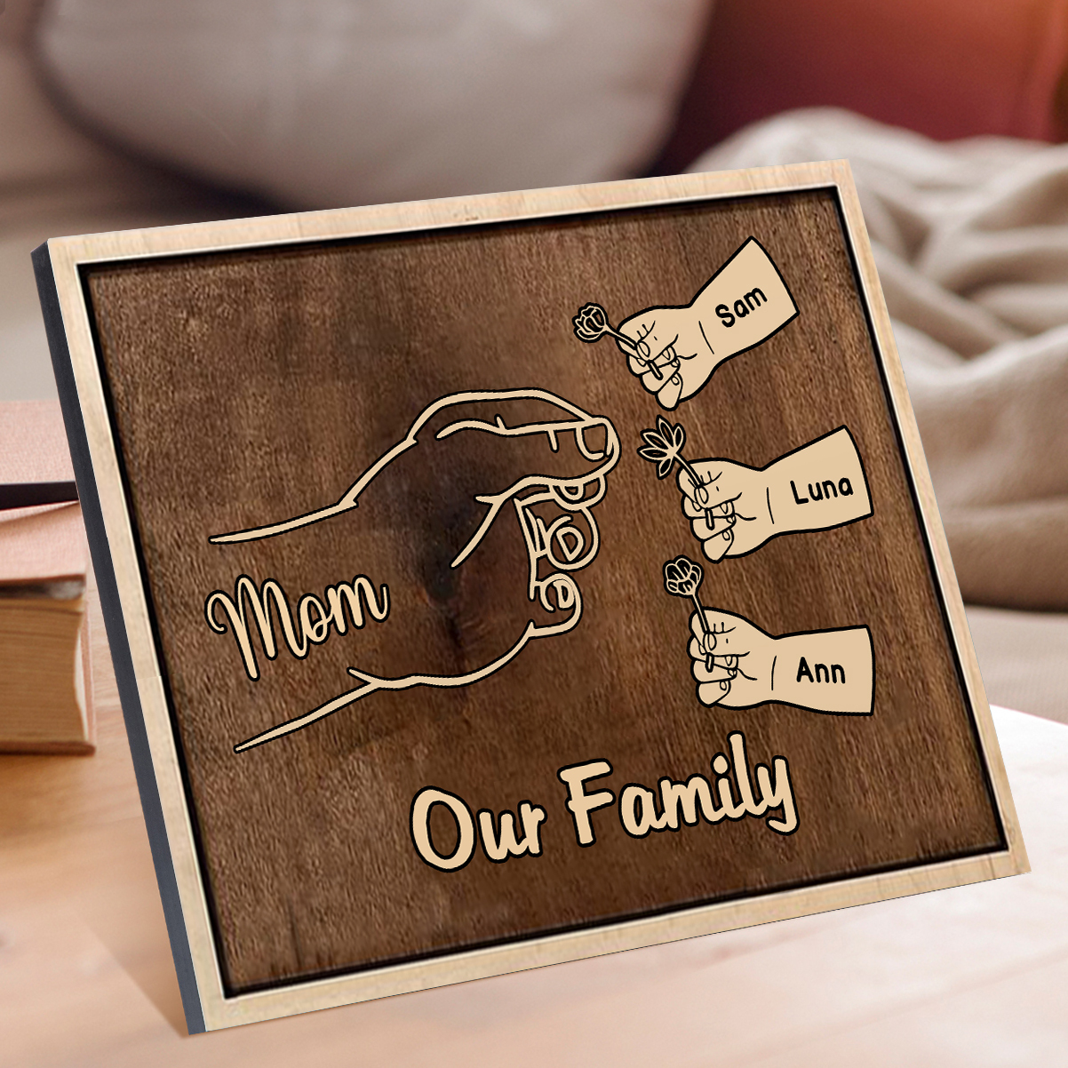 À Maman/Mamie - Cadre en Bois Main et Enfants 4 Prénoms Personnalisés avec Texte Cadeau pour Famille