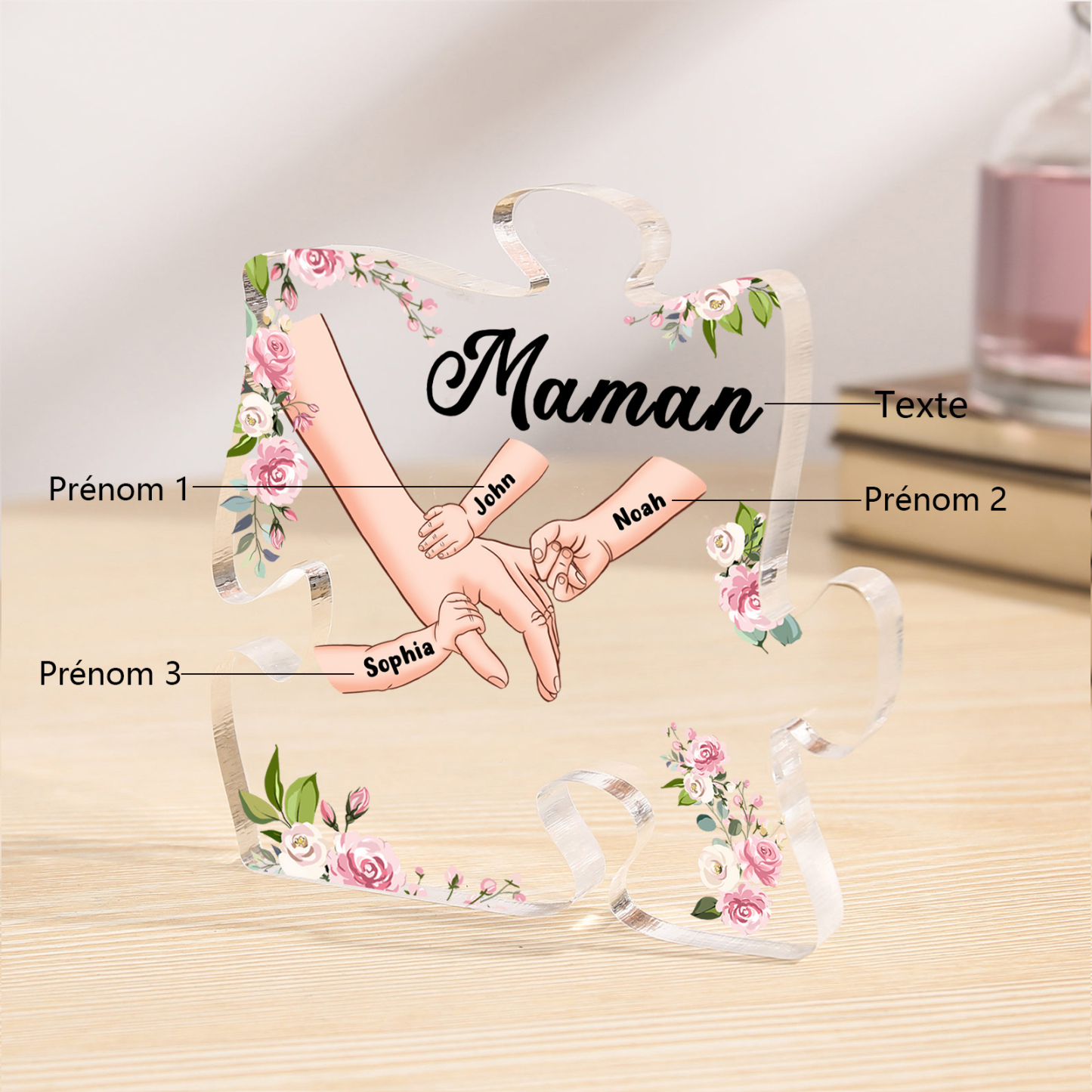 Plaque Acrylique en forme de Puzzle la main dans la main 3 Prénoms et 1 Texte Personnalisés