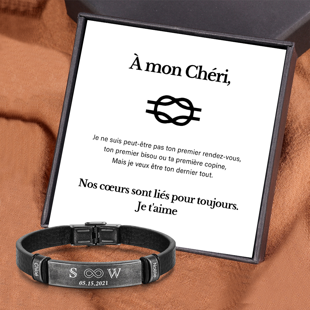 À Mon Chéri - Bracelet Initiale en Cuir 2 Prénoms et Lettre Personnali