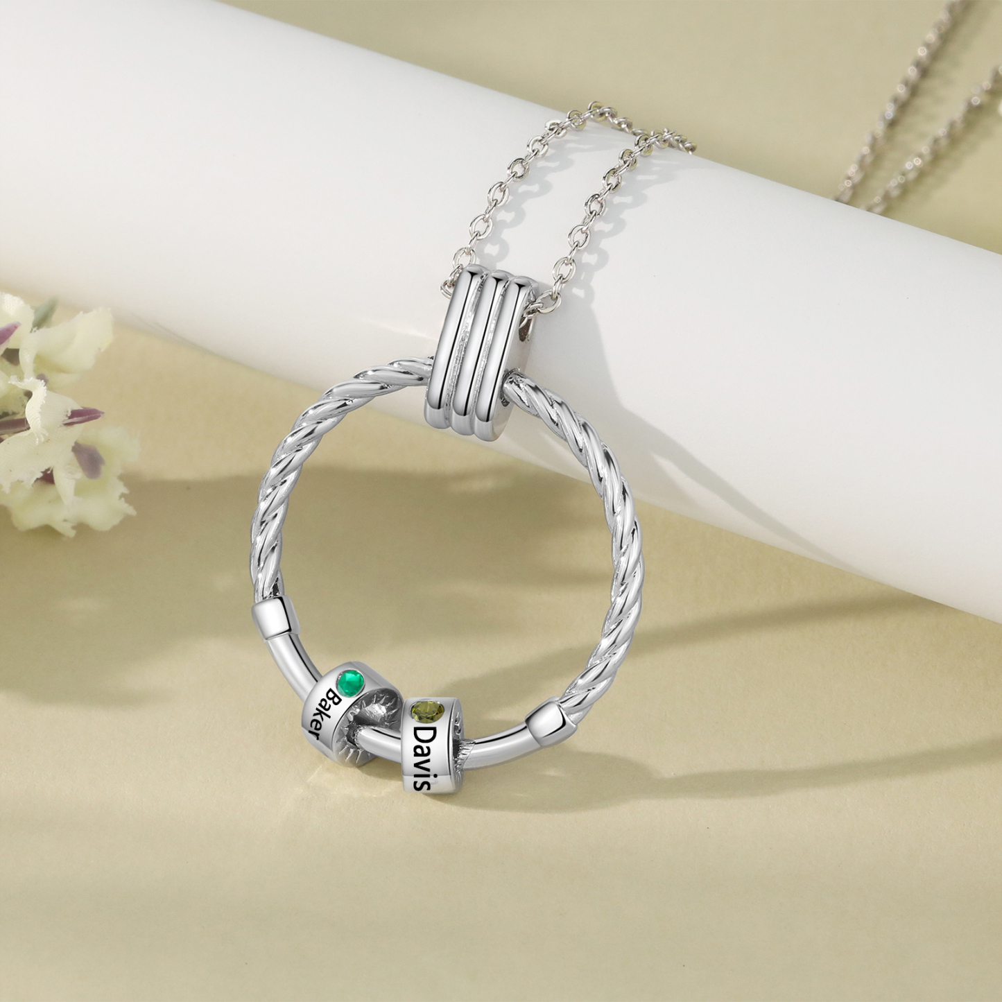 Collier Pendentif 2 Prénoms et Perles Personnalisés avec Pierres de Naissance Collier Femmes