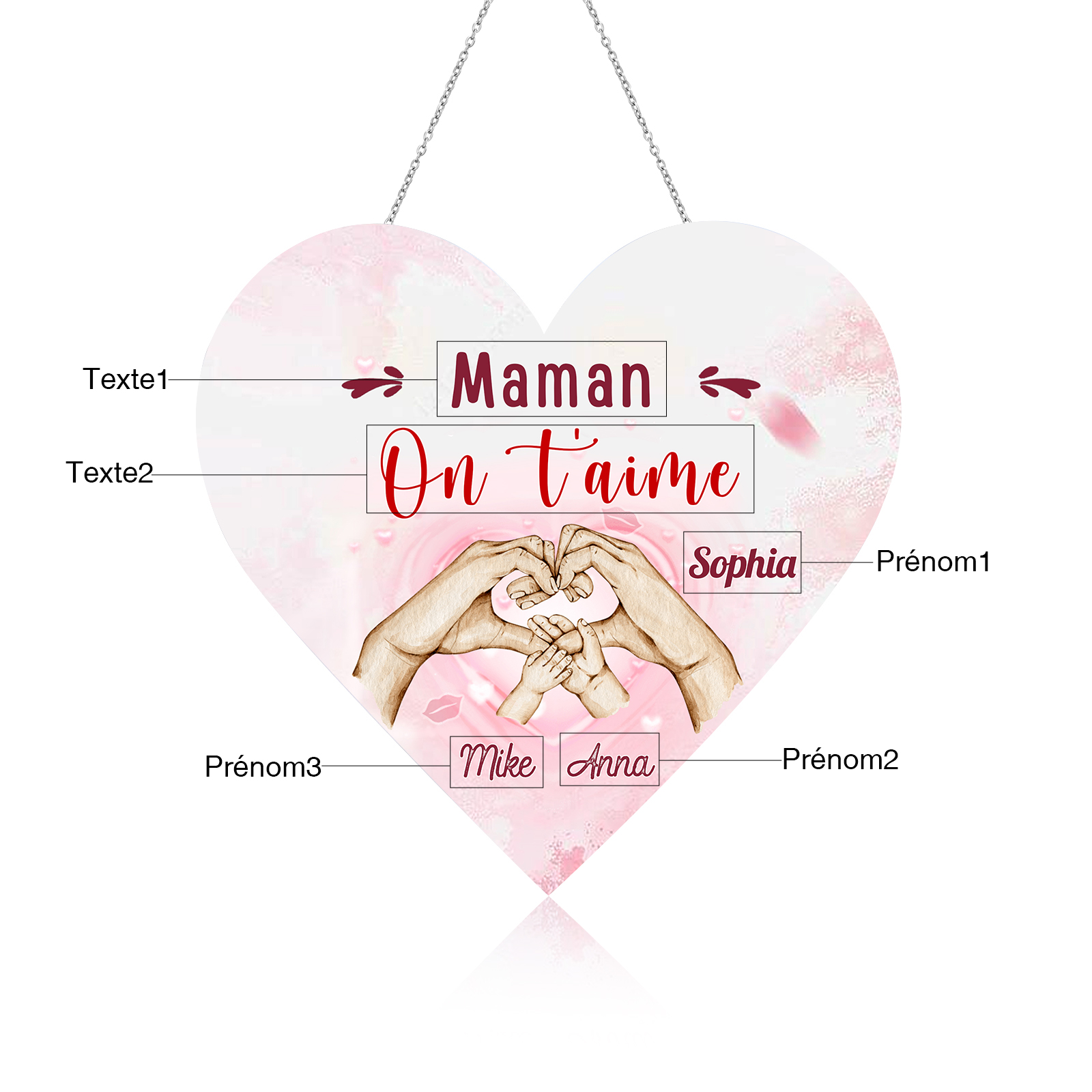 À Maman/Mamie - Veilleuse Cœur Décoration Mains et Enfants 3 Prénoms Personnalisés avec Texte