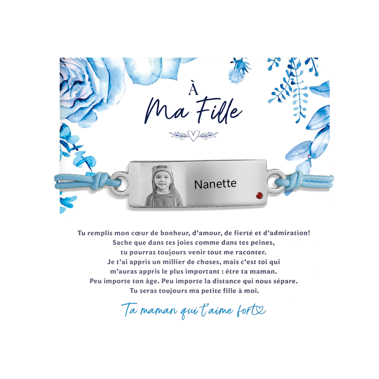 Jessemade FR À Ma Fille - Bracelet Prénom et Photo Personnalisés avec Pierre de Naissance Corde élastiques - Cadeau Rentrée Scolaire