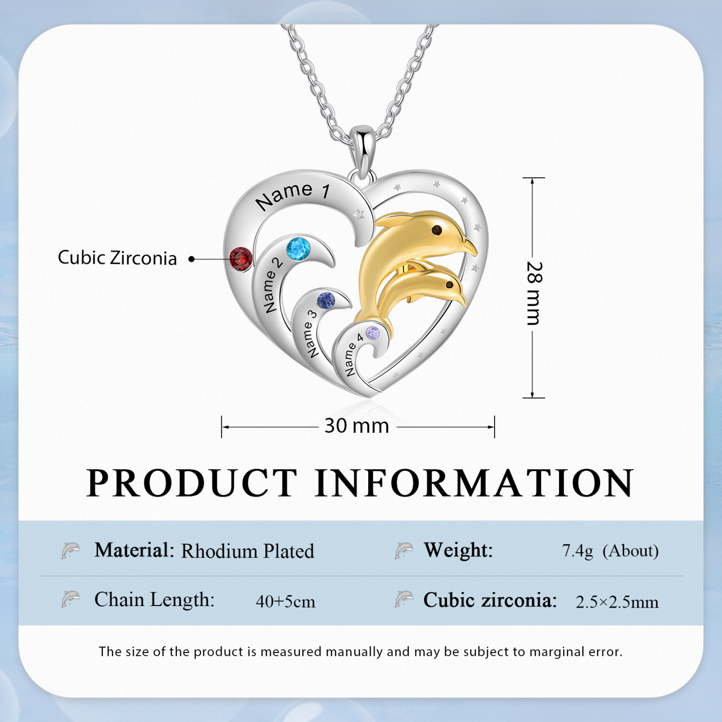 Collier Pendentif Cœur et Dauphin 4 Prénoms Personnalisés avec 4 Pierres de Naissance