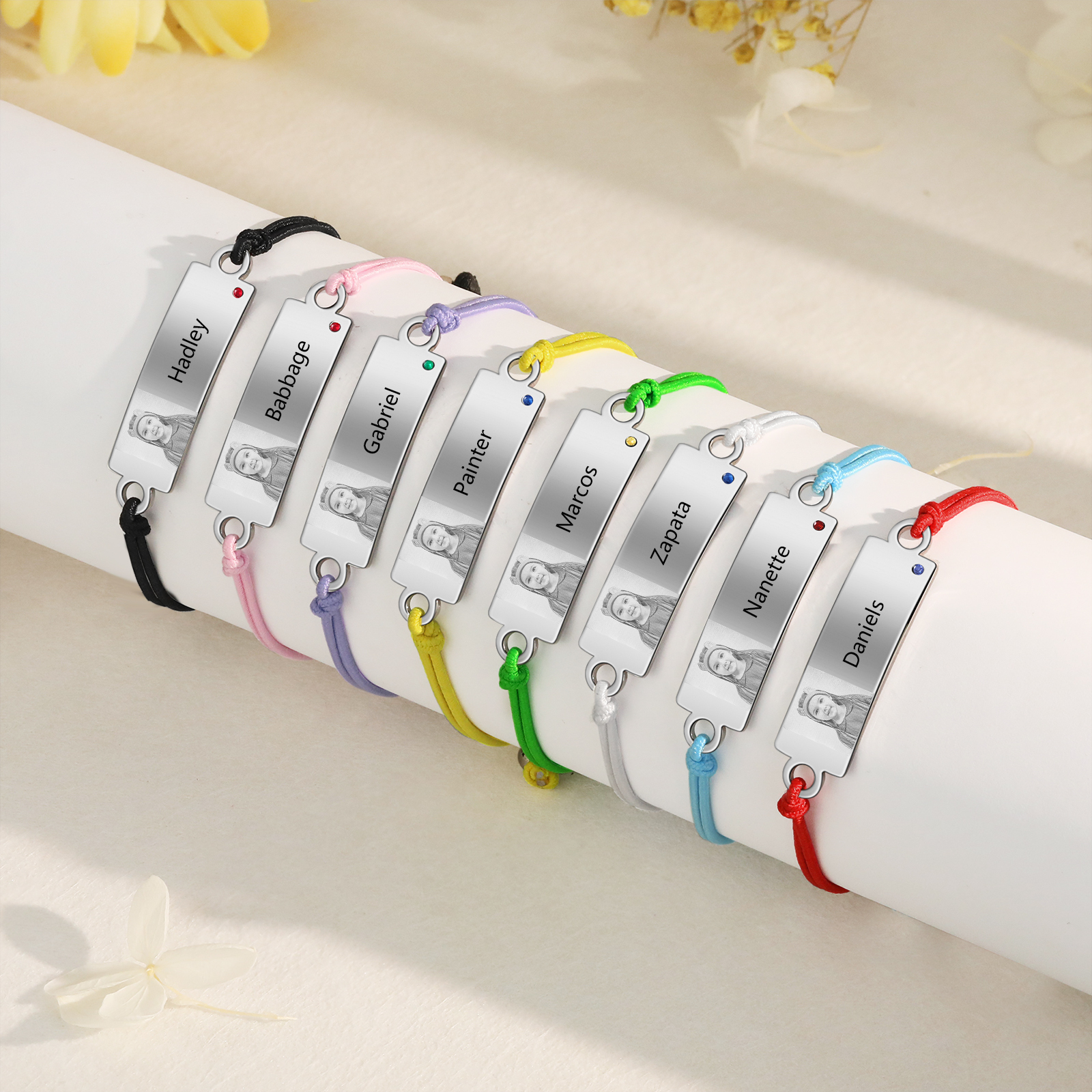 À Ma Fille - Bracelet Prénom et Photo Personnalisés avec Pierre de Naissance Corde élastiques - Cadeau Rentrée Scolaire