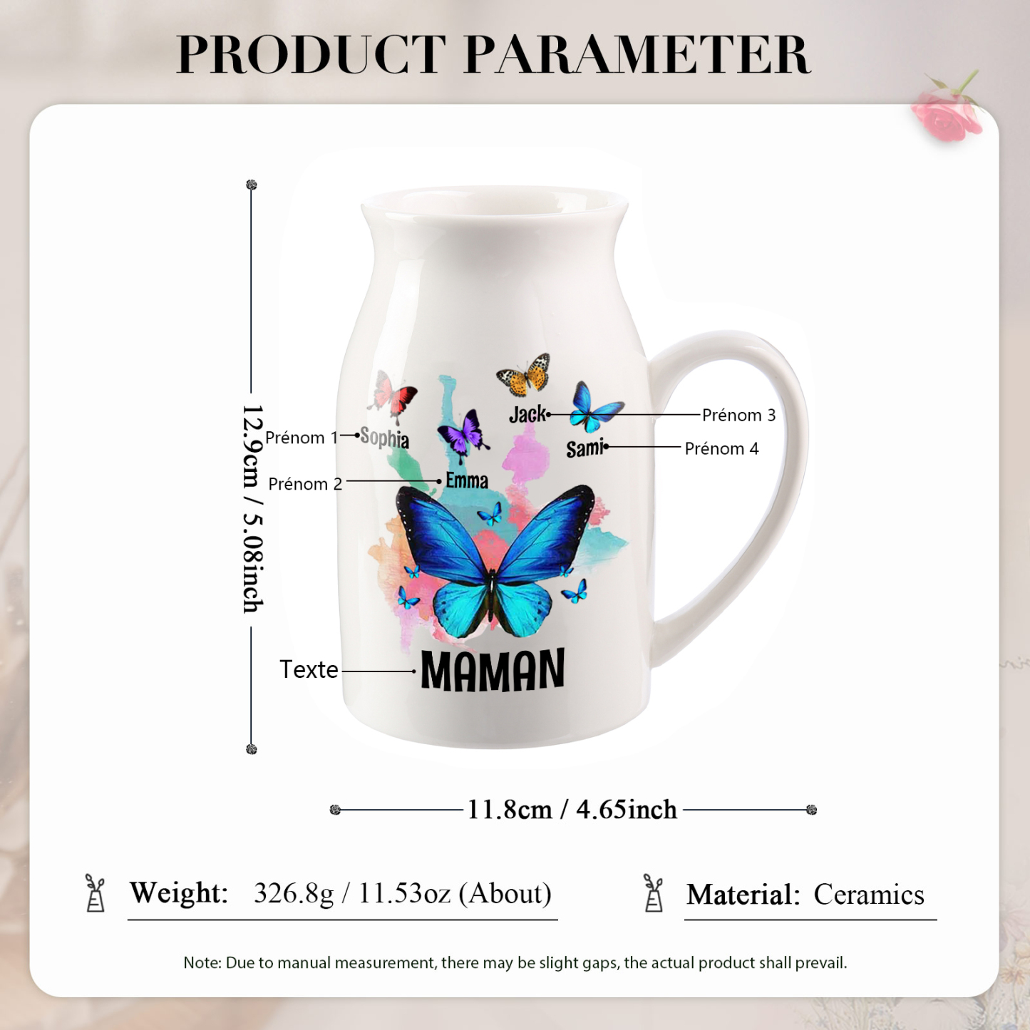 Vase à Fleurs Papillons 4 Prénoms Personnalisés avec Texte Décoration de la Maison