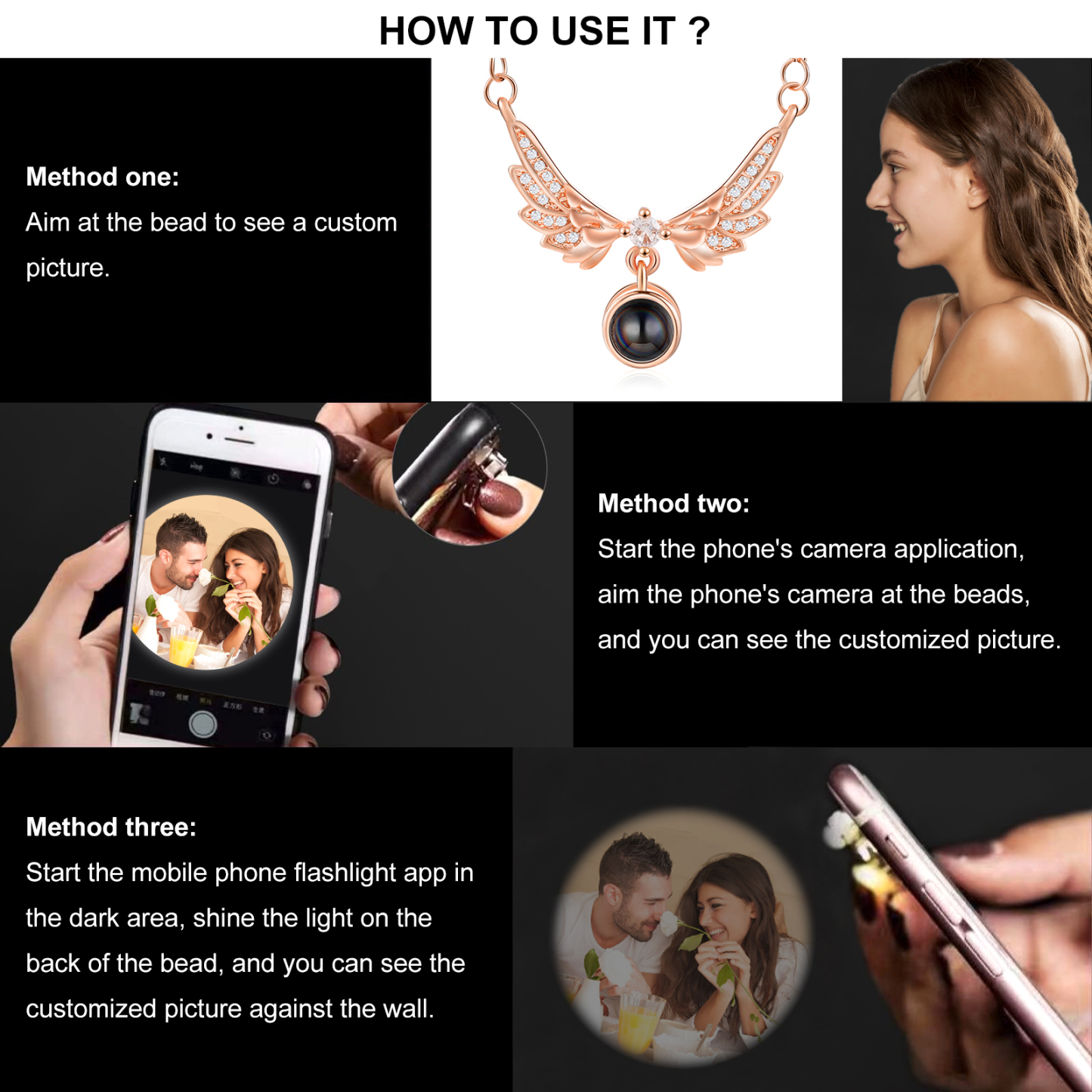 Collier Ailes Projection de Pierres 1 Photo Personnalisée Collier pour Femmes | Jessemade