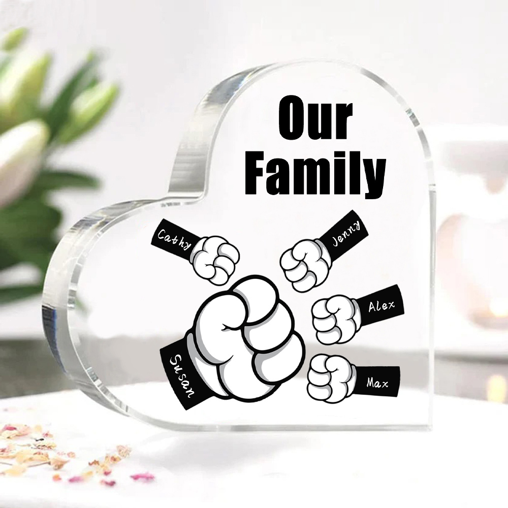 À mon Papa/Maman - Plaque Acrylique en Forme de Cœur Poings 5 Prénoms Personnalisés avec 1 Texte