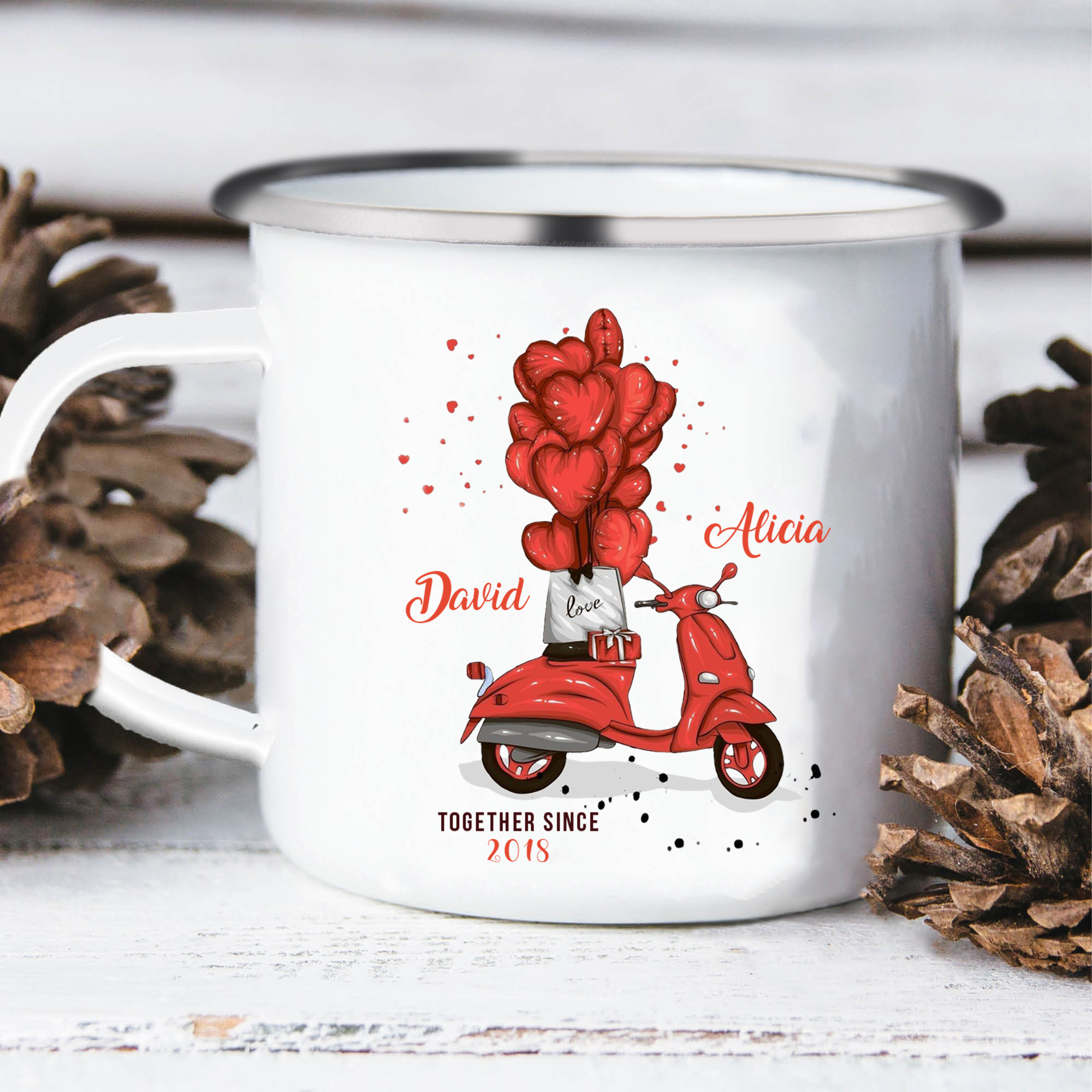 Tasse émaillée 2 Prénoms Personnalisés avec Texte et Année pour Couple