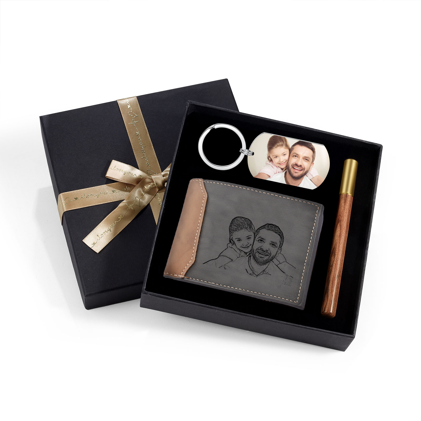 Coffret Cadeau 3PCS - Portefeuille classique Porte-Clés et Stylo 2 Textes Personnalisés avec 2 Photos et 1 Date Coffret Cadeau pour Homme